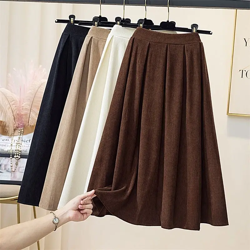 

Female Fashion Corduroy Solid Color A-Line Skirt All-match High Waist Folds Midi Skirts Women's Thickening Pleated Skirts C132