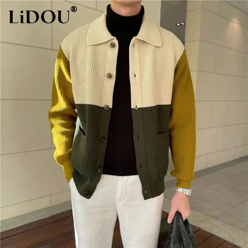 2023 Autumn Winter New Fashion Turn-down Collar Knitting Cardigan Man Vintage Contrast Color Patchwork Button All-match Coat 1
