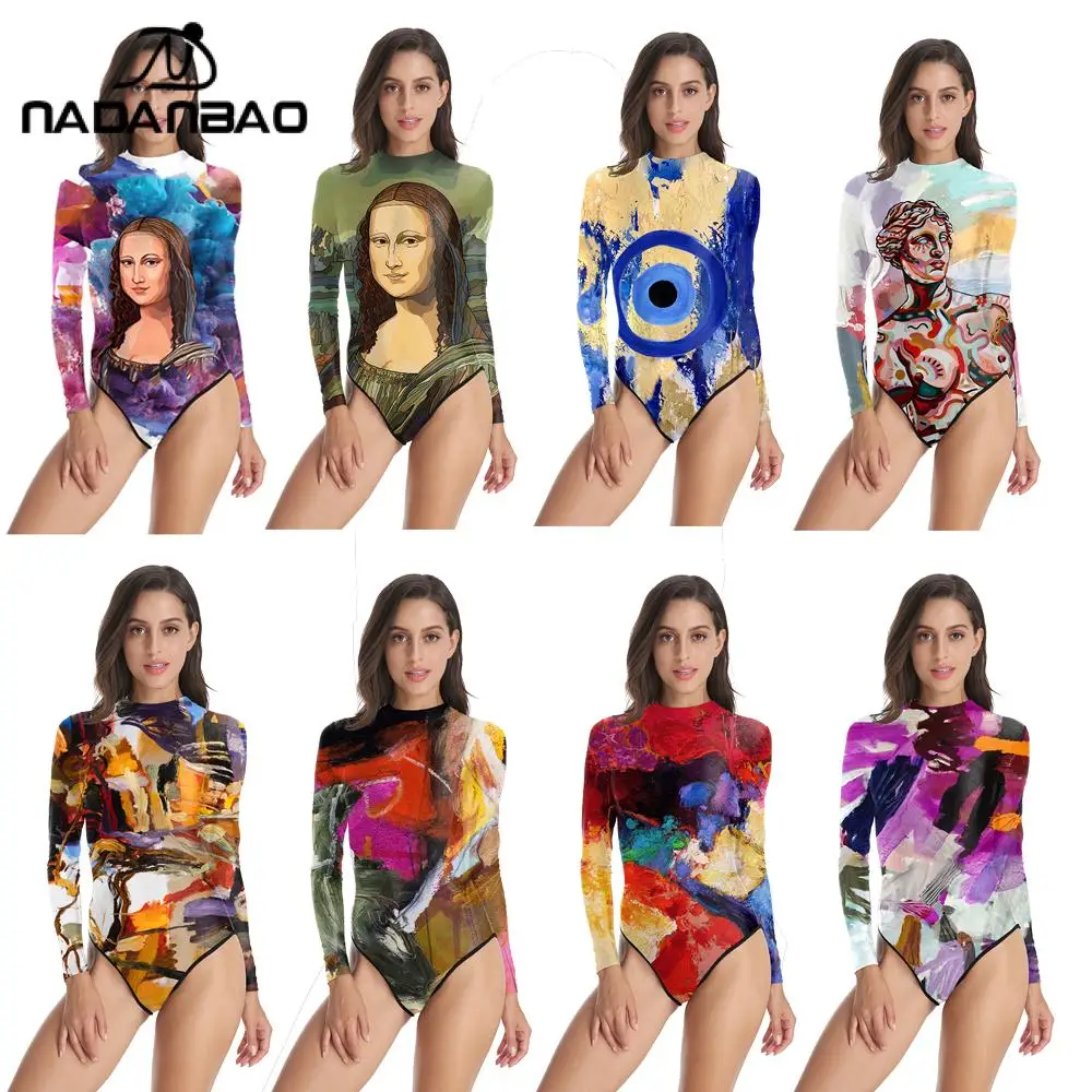 Nadanbao Women Swimsuit One-Piece Suits 3D Print Sexy Swimsuit Cosplay Costumes Party Bodysuit Swimwear Long Sleeve Jumpsuit