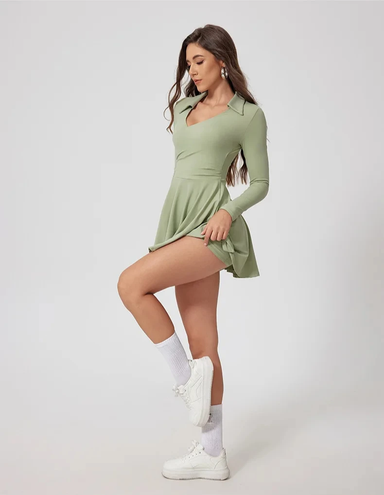 Womens Tennis Dress Long Sleeve Sarong Wrap Skirt Built in Shorts Golf Athletic Dress Workout Rompers badminton sport dress