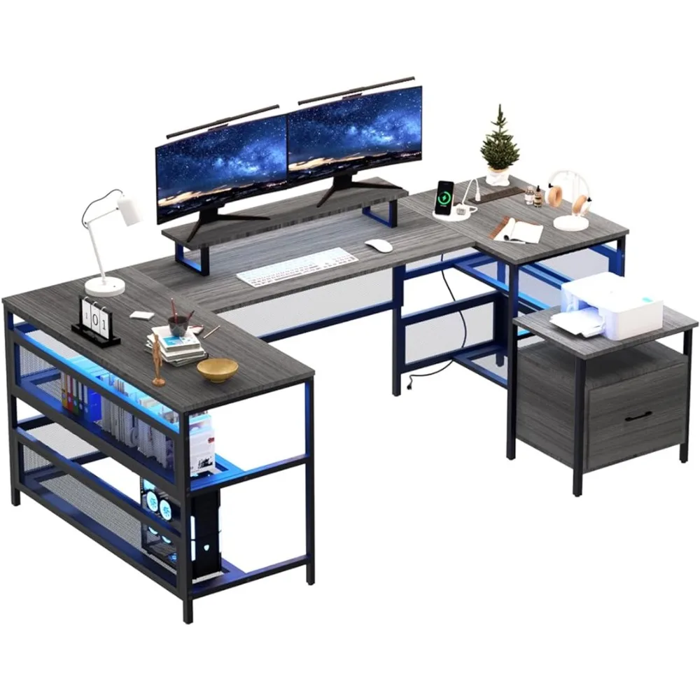 Gamer Table for Pc Computer Desk With Power Outlet Home Office Desk With Monitor Shelf Printer Storage Shelves Room Desks Grey laserpecker 2 storage bag grey