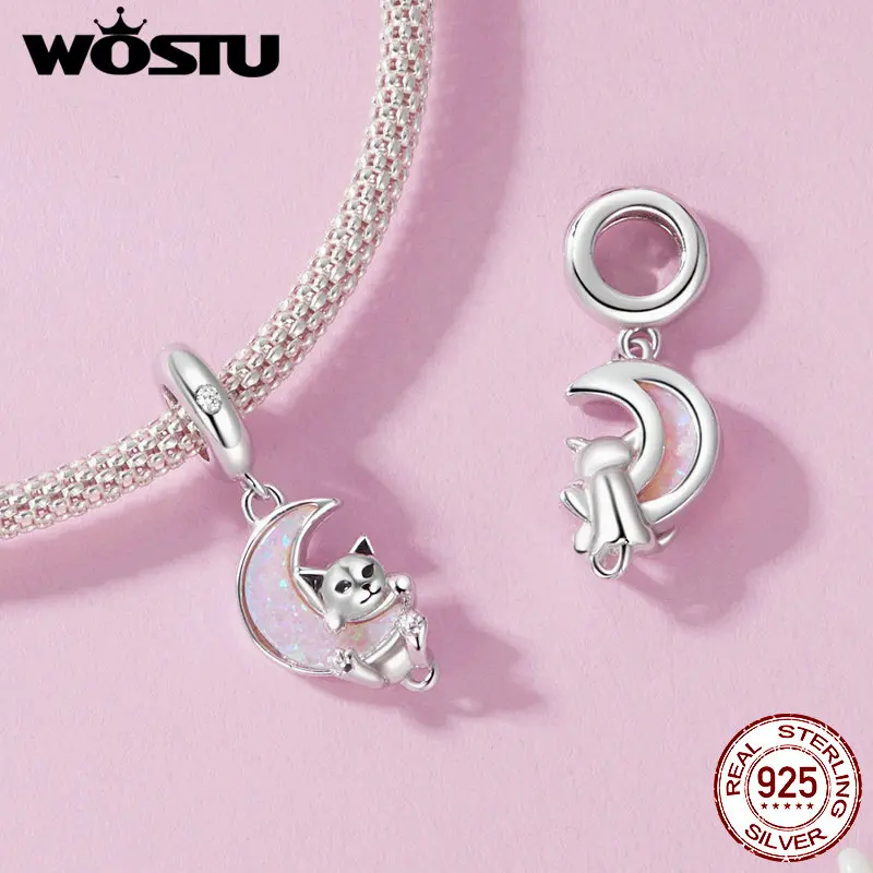 WOSTU 925 Sterling Silver Pink Opal Moon Cat Charm Glow In