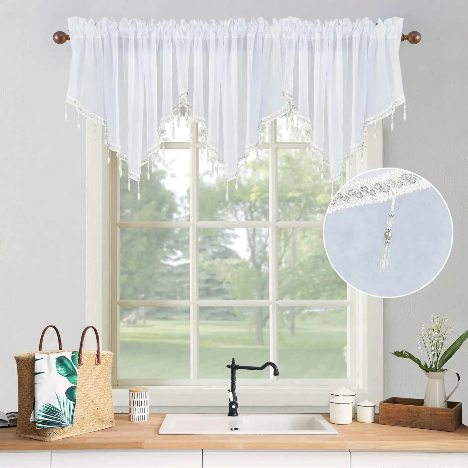 Lace Swag Valance Curtain – Semi-Sheer White Floral Valance For Kitchen, Bathroom & Café Windows