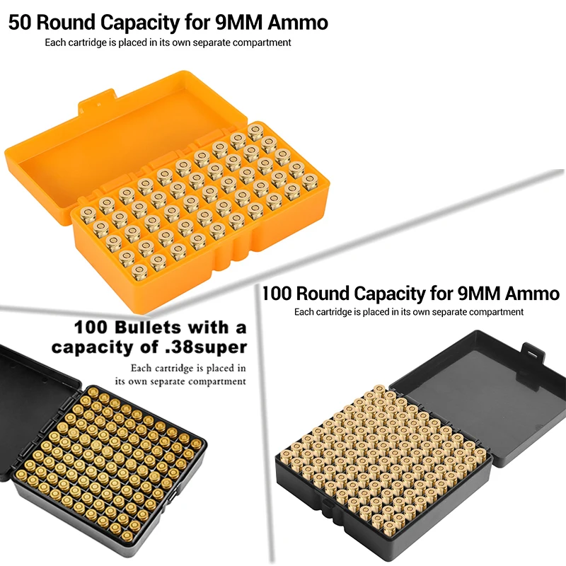 50/100 Rounds Ammunition Box 9mm .223 .38super Rifle Pistol Bullet Storage Case Ammo Holder for Outdoor Hunting Shooting Sports