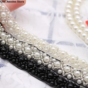 Applicazione in Pizzo Ricamato con Perle per Copricapo da Sposa, Nastro Decorativo con Perline per Abiti