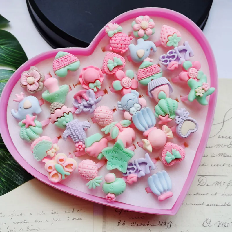 

12pcs Mix Animals flower Fruit Vegetable Resin Assorted Baby Kids Girls Children Adjustable Ring Toy Finger rings Jewelry gift