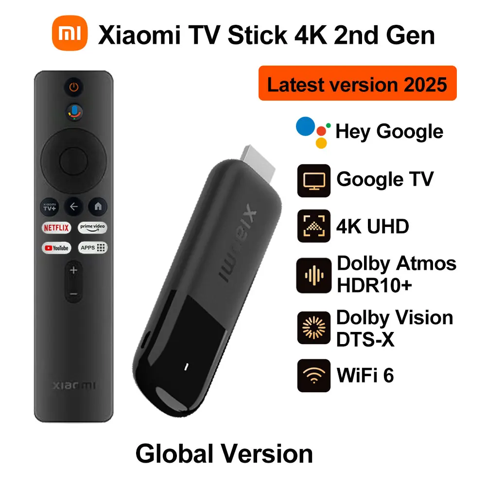 2025 Xiaomi TV Stick 4K 2nd Gen, Google TV, médias de Streaming portables WiFi 6, Assistant Netflix Google, Dongle Smart TV BT5.2
