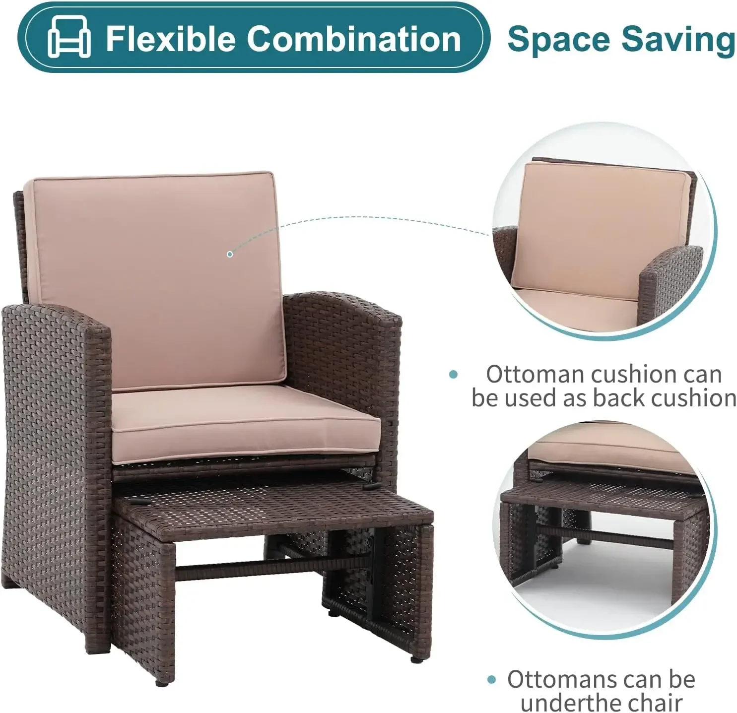 -New-6 Piece Patio Wicker Furniture Set, Balcony All Weather Rattan Chair, with Space Saving Ottoman, Resin Nesting Coffee Ta