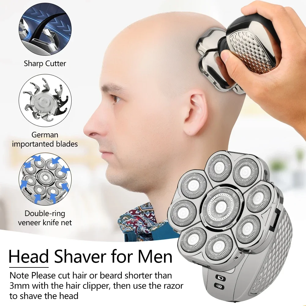 

Men's Bald Head Electric Shaver 9 Blades Floating 6In1 Heads Beard Nose Ear Hair Trimmer Clipper Facial Brush Rechargeable Razor