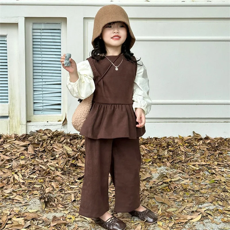 

Children Clothing Girls Suit Puffed Sleeve Undershirt and Vest Pants Three Piece Set 2023 Autumn and Winter New Fashionable Set