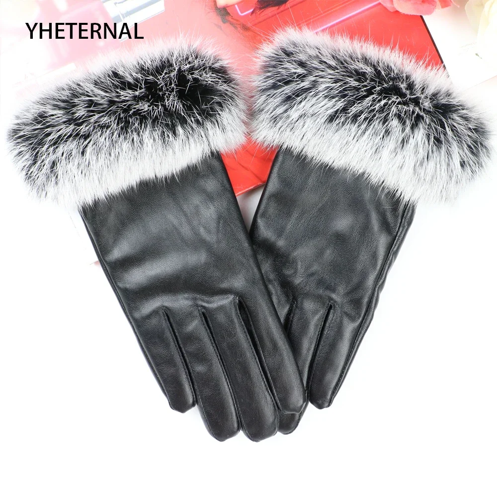 yheternal-2024-women-winter-fashion-touch-screen-glove-pu-leather-real-rabbit-fur-luvas-female-fashion-outdoor-motorcycle-gloves