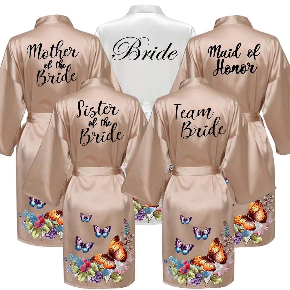 

Women Silk Satin Short Night Printing Robe Kimono Robe Fashion Bath Robe Sexy Bathrobe Femme Wedding Bride Robe BK17U53