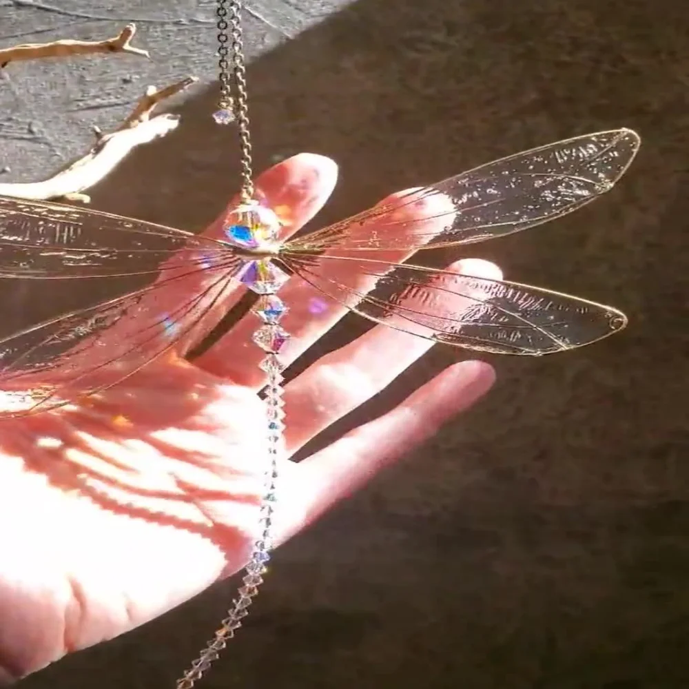 Creative Wing Dragonfly Crystal Suncatcher Outdoor Garden Car Home Hanging Ornament Wind Chimes Window Decoration