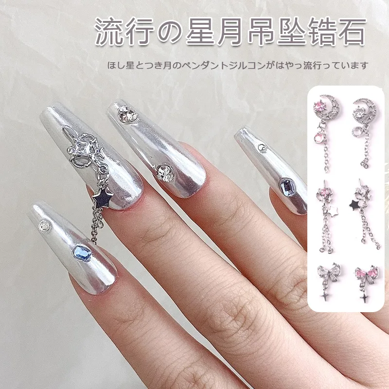 TSZS 3 Pcs Nail Art Chain silver Plated Zircon Nail Art Supplies 3D Charm Luxury Star Moon