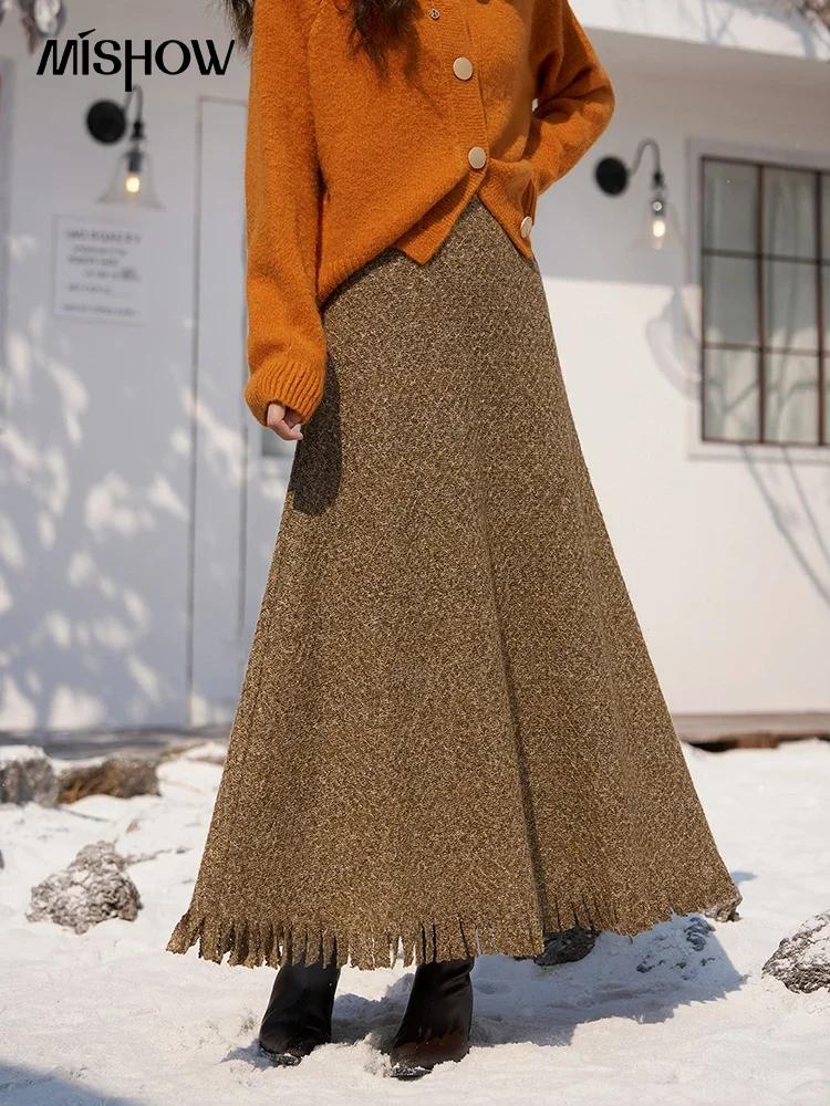 MISHOW Women's Knitted High Waist Midi Skirt 2023 Autumn Winter Tassel Slit Wrap Straight Long Skirts Woman Clothing MXC56B0195