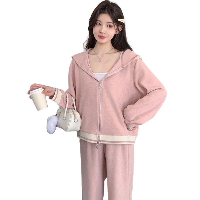 봄 컬렉션 루즈핏 한국 스타일 임산부 세트 후드 가디건 와이드 레그 팬츠 투피스 코튼 앙상블