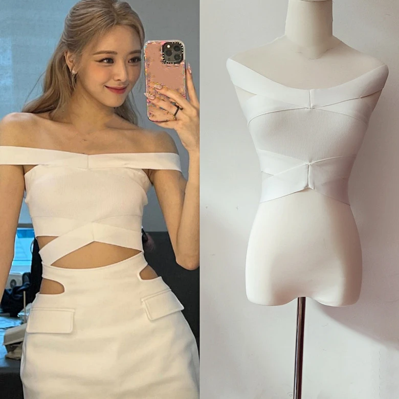 Kpop Korea Shin Yu-na Korean White Cross-Tie Off-Shoulder Vest Crop Tops+Sexy Hollow Out Lace-up Mini Skirts Women Two Piece Set