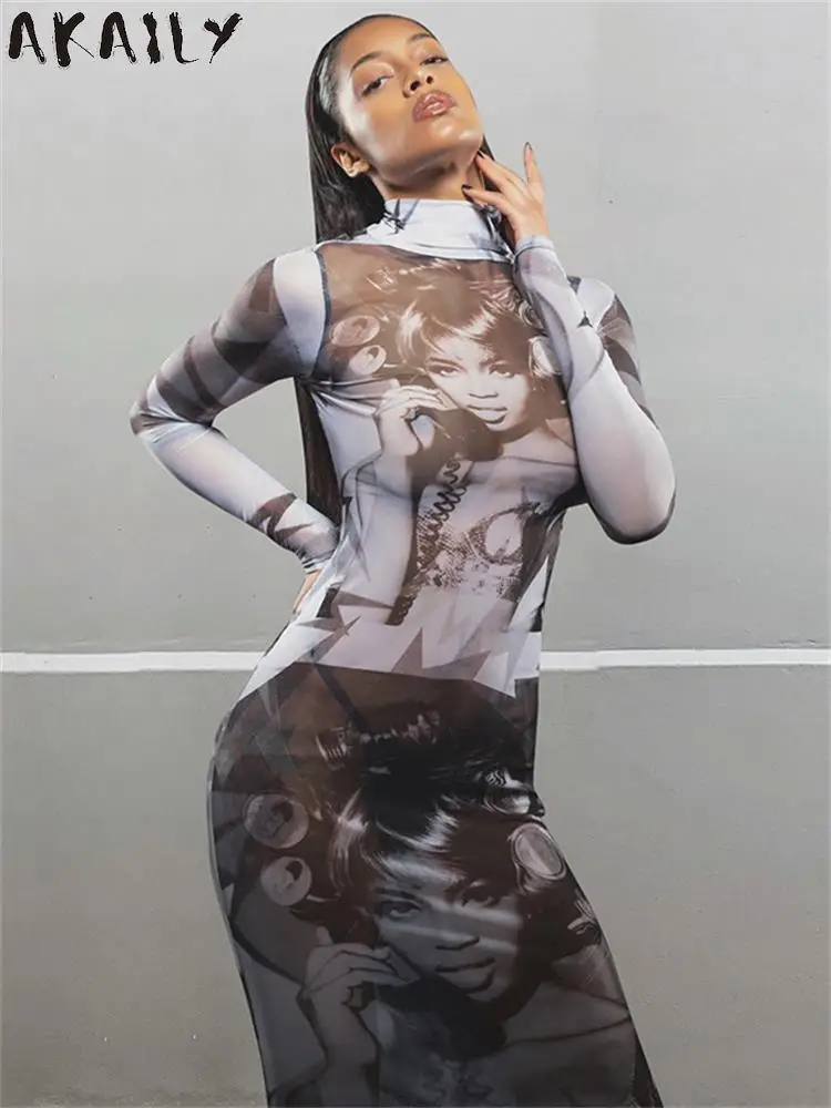 

Akaily, серое сексуальное Сетчатое прозрачное длинное платье, женская одежда для клуба, Осень-зима 2023, графический принт