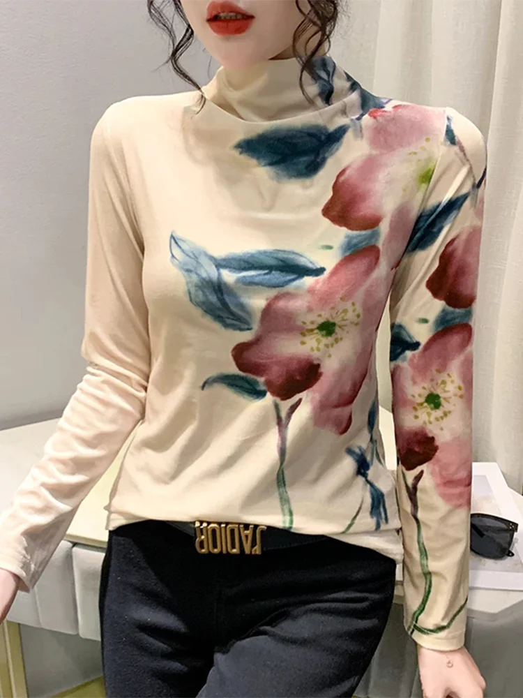 

Winsleter Streetwear Tshirt Long Sleeve Tees Women Mock Neck Printing Slim Velour Warm Tops Autumn Winter New T30505JM