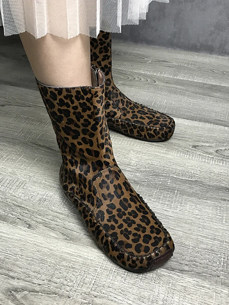 

Birkuir Genuine Leather Horse Hair Leopard Mid Length Single Boot Retro Flat Heel Fashion Luxury Round Toe Side Zipper Shoes