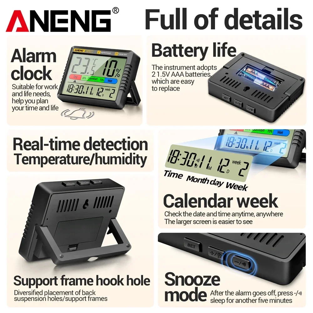Air Thermohygrometer ANENG AP01 LCD Digital Indoor Electronic Clock Multiscene Measurement