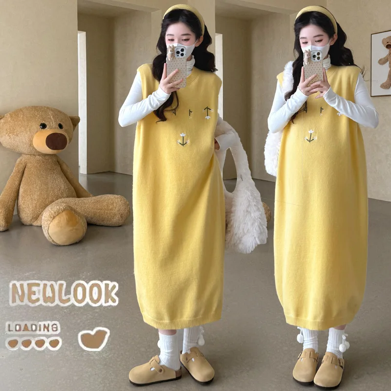 2025년 신상 가을 겨울 임부복 패션 젠틀 스타일 베스트 드레스 긴팔 이너 투피스 세트 컬러 블록