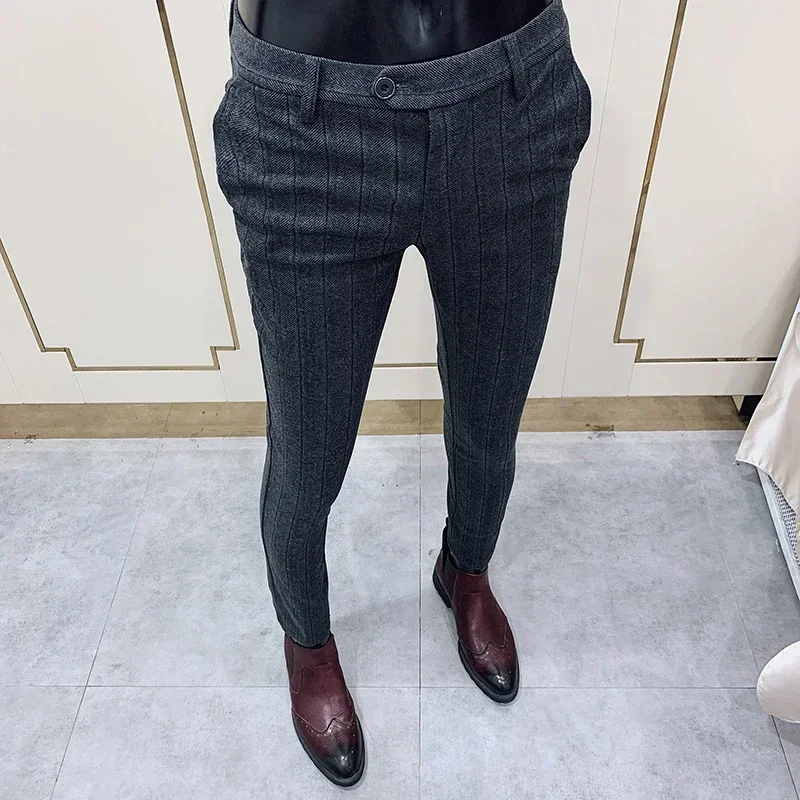 Autumn Winter Thickened Woolen Suit Pant High Quality Men Business Slim Striped Trousers Formal Wear Office Social Dress Pants 5