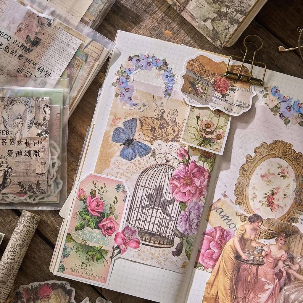 100 Pcs Vintage Scrapbook Paper Washi Paper Scrapbook Kit Sticker Collage Junk Journal Aesthetics Stationery Planner Decor stickers scrapbooking supplies