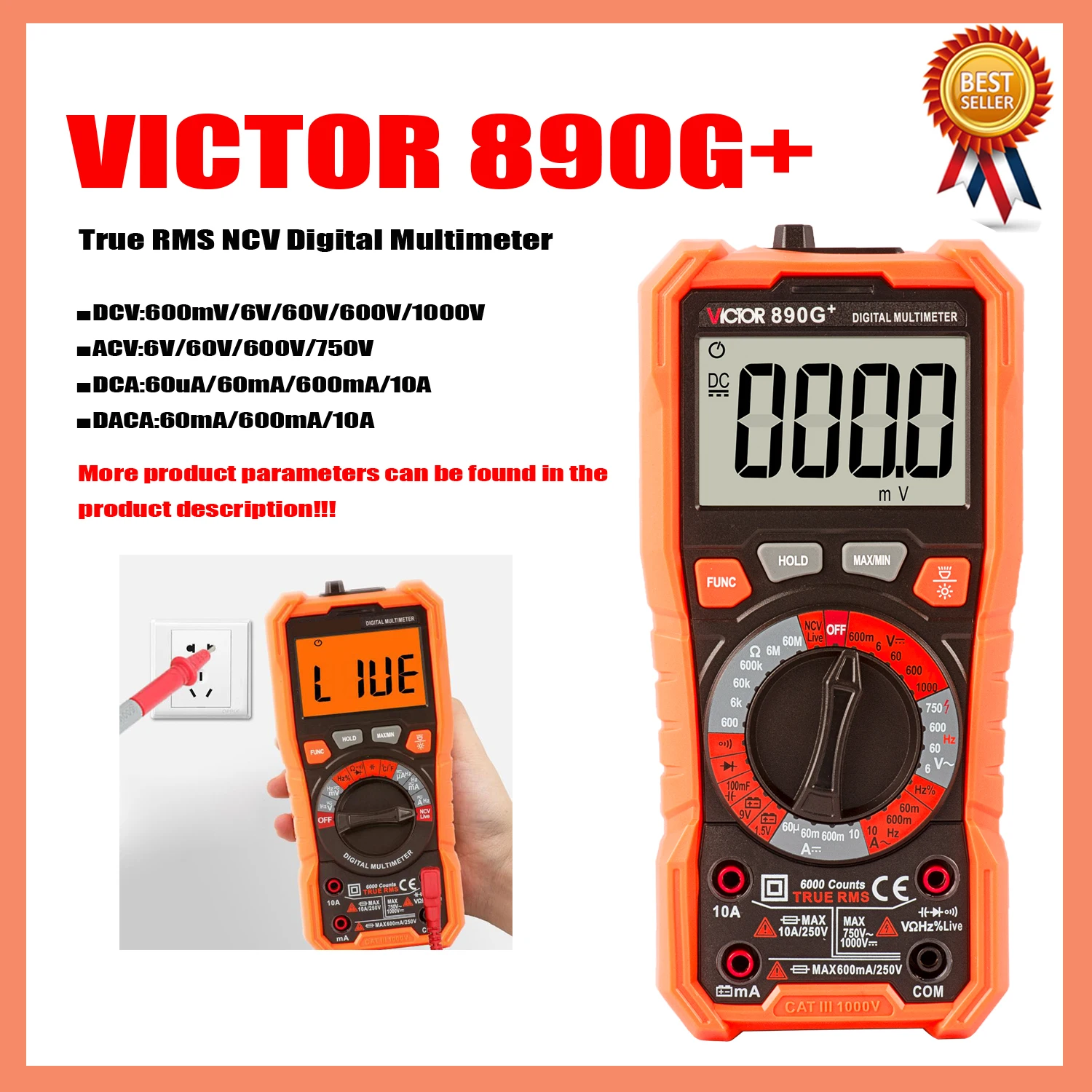 VICTOR 890G+ VICTOR 890H+ 6000 Counts Manual Range True RMS NCV Digital Multimeter With Flashlight Function Anti Burn Backlight.
