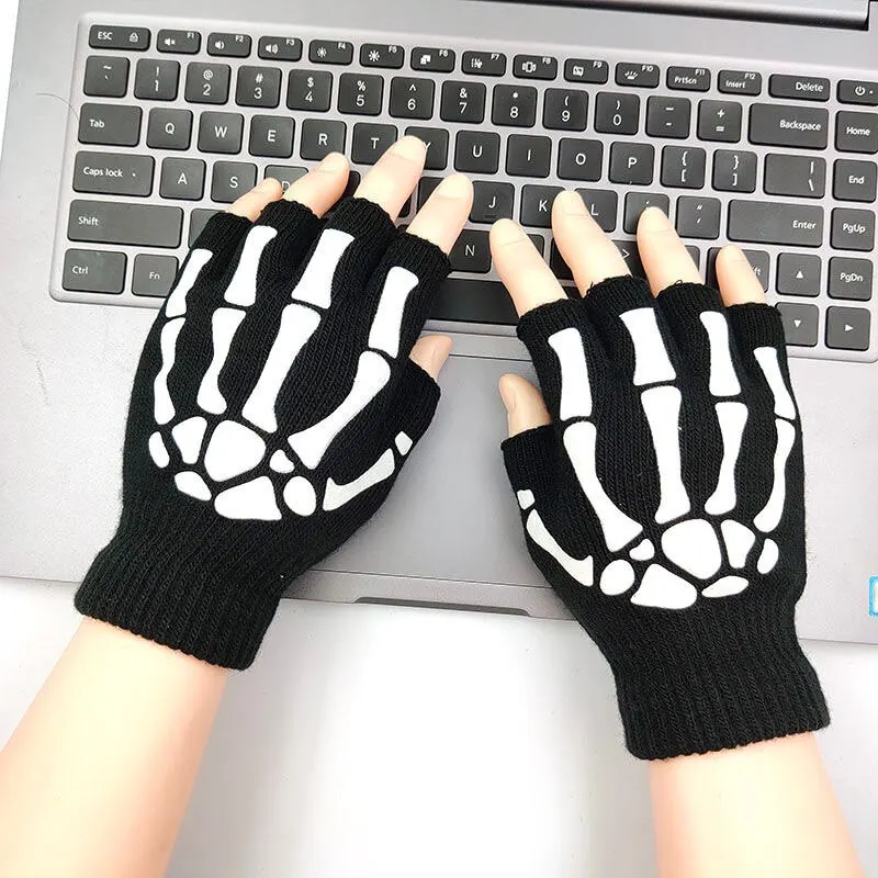 Blacklight Glow Skeleton Gloves Half Finger - Fluorescent Knit Claws for Rave Cosplay Halloween Party, Non Toxic