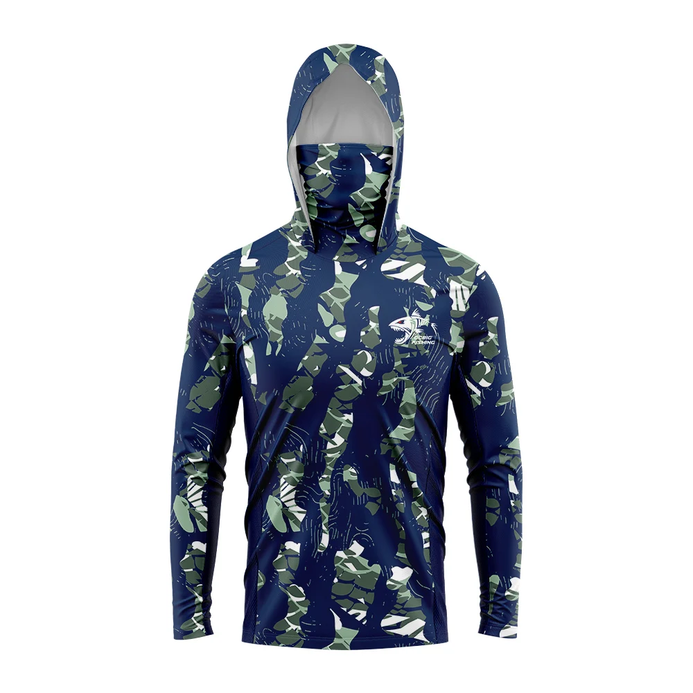 Men's Fishing Hooded Shirt Mask Long Sleeve Clothing T Shirt Protection Apparel UPF 50+ Camisa Fishing T Pesca