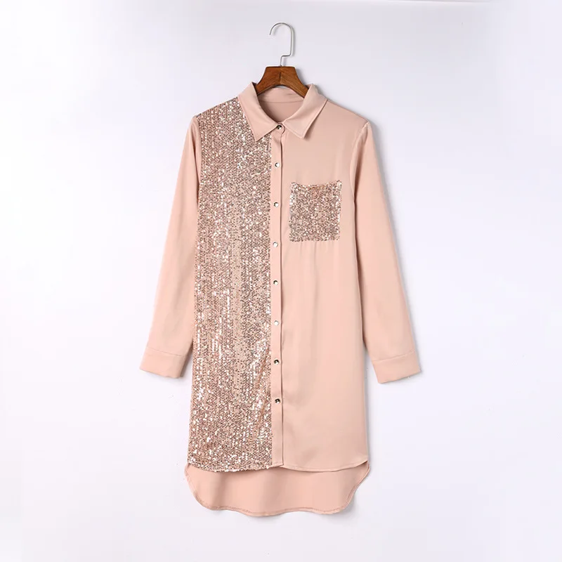 

New sequin pocket shirt dress autumn new long-sleeved lapel mid-length skirt
