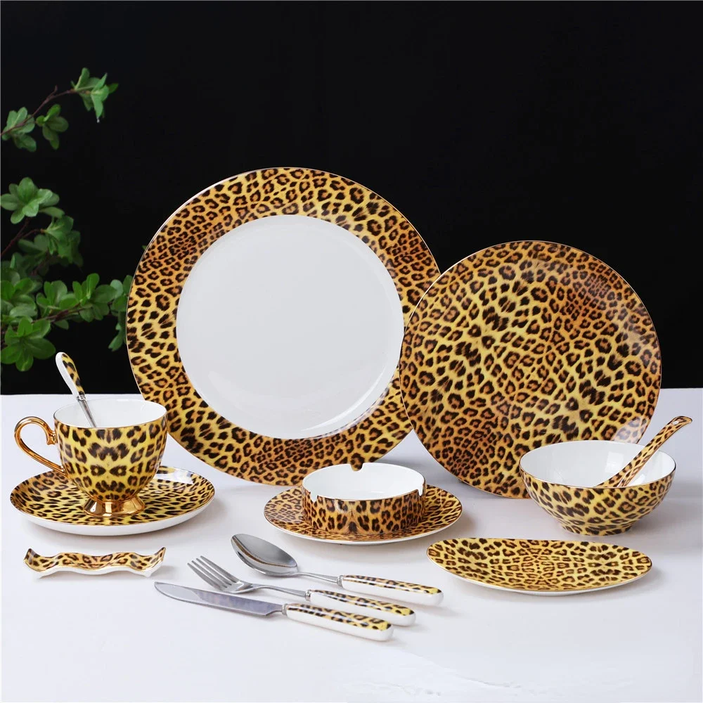 Leopard Pattern Bone China Western Food Plate Bowl Ceramic Knife Fork Spoon Coffee Tea Cup Hotel Clubhouse Restaurant Tableware