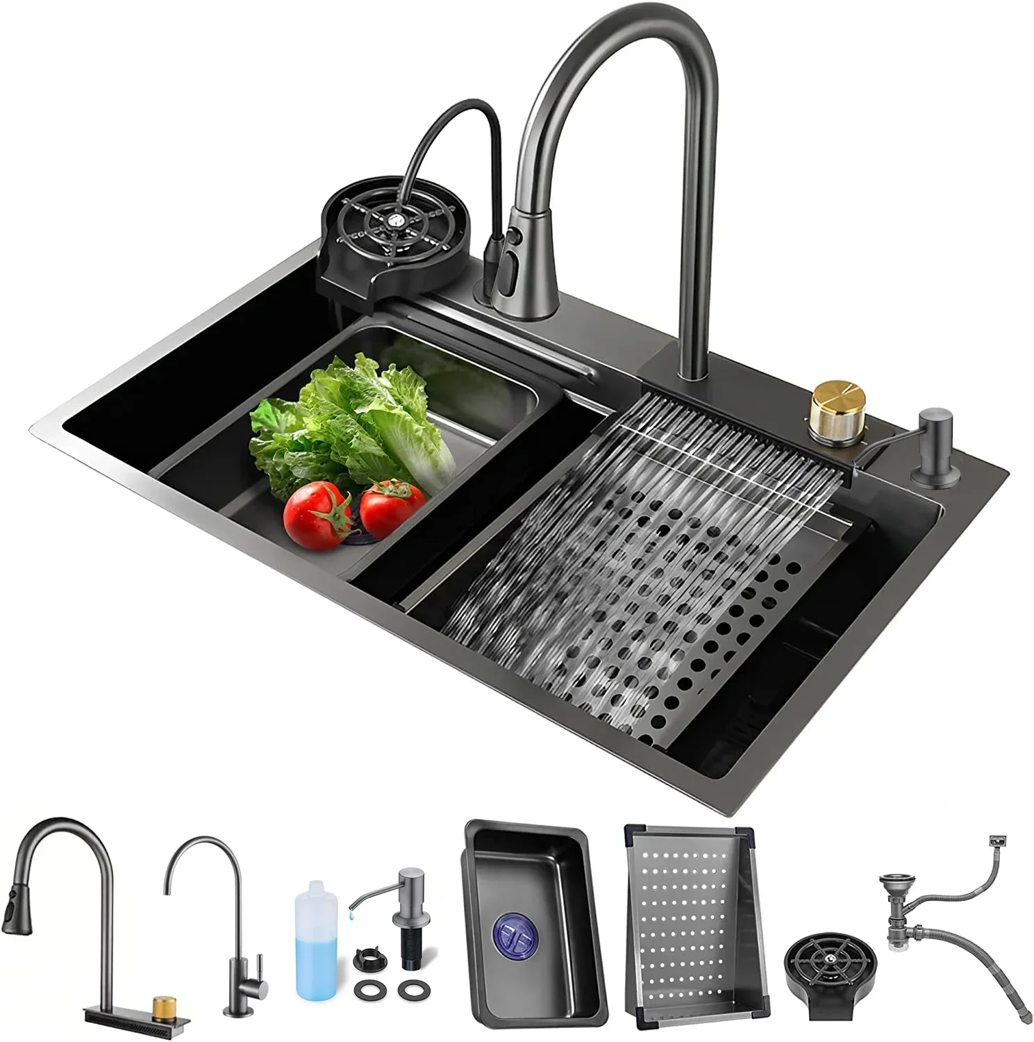 Kitchen Sink Flying rain Waterfall Sink Household Dishwasher Basin Workstation stainless steel Kitchen with Pull Out tap