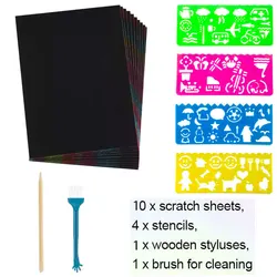 Rainbow Scratch Art Paper Sheets Kit for Kids - Creative Drawing Pads with Stencils (10 sheets)