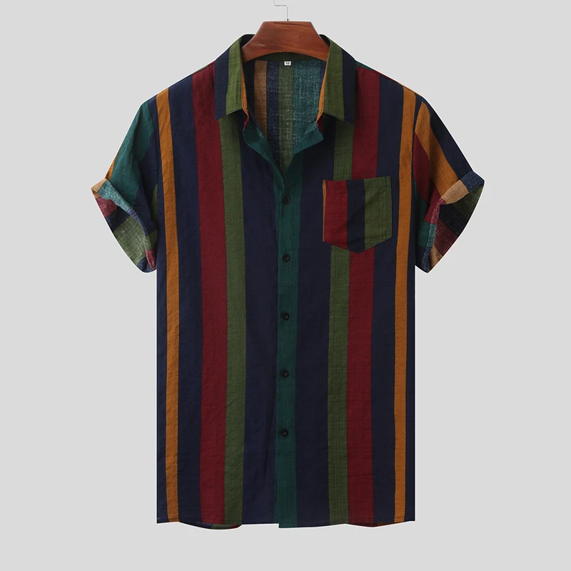 

Hawaiian Shirt Button Down Multicolor Striped Men's Short Sleeve Casual Loose Shirt Premium Beach S-5xl