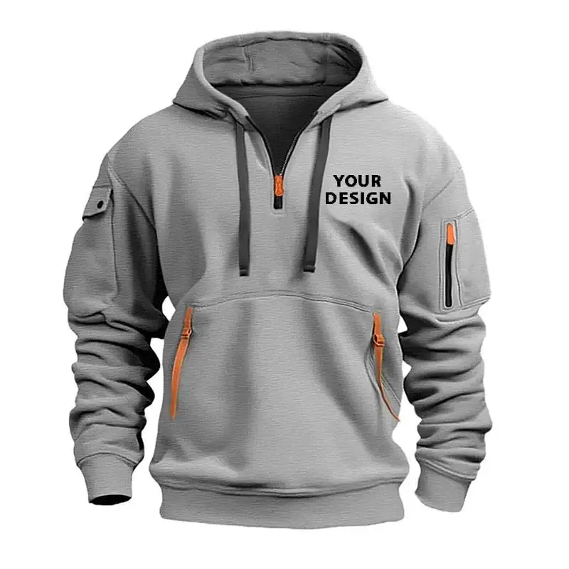European New Men's Sports Zipper Arm Pocket Loose Casual Sweatshirt Customize Your Logo Dropped Shoulder Hooded Jacket Pullover