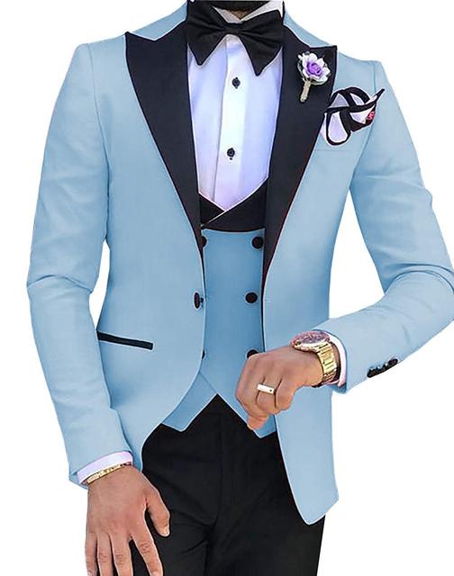 2023 Men 3 Pieces Suits For Men Custom Made Groom Groomsmen Tuxedos Wedding Men Suit Terno Masculino(Jacket+Pant+Vest) - Light Blue, XXL