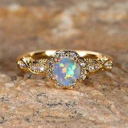 Luxury Female Charm White Opal Yellow Gold Color Rings For Women Crystal Round Stone Stone Engagement Wedding Jewelry