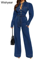 Fashion Winter Blue Stretch Denim Wide-leg Pants Jumpsuits With Bandage Woman Long Sleeves Single Breasted Street Jeans Rompers - blue jumpsuits, M