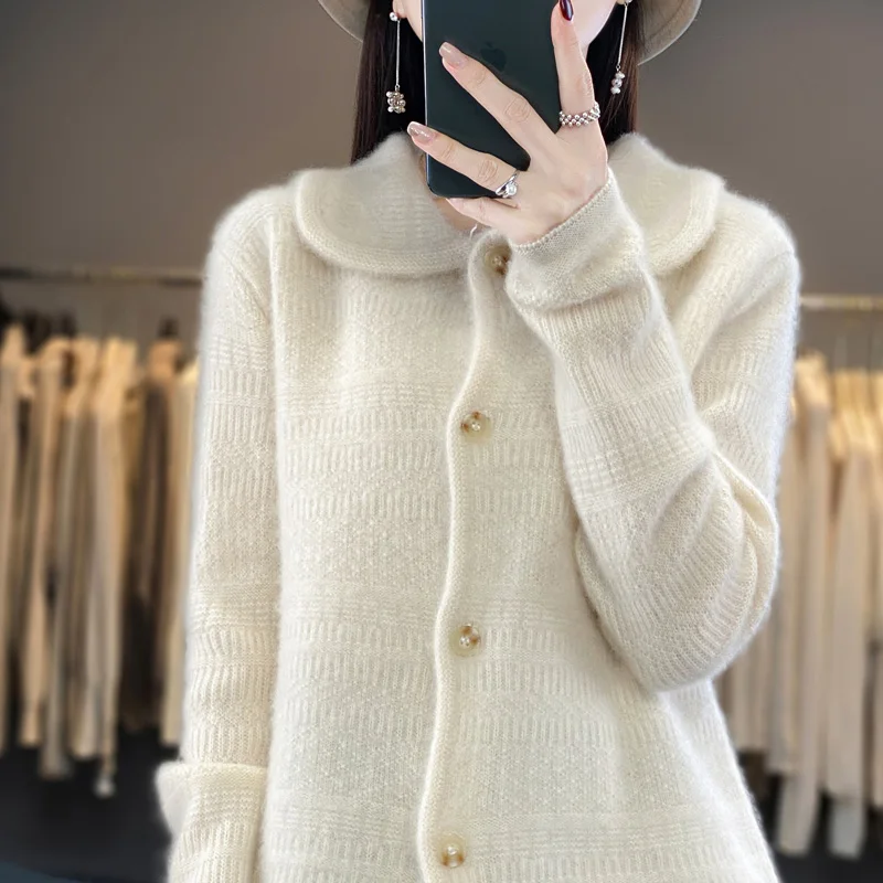 

2023 Autumn Winter New Cashmere Sweater Women's Clothes Doll Collar Cardigan 100% Merino Wool Knitted Coat Fashion Korean Top