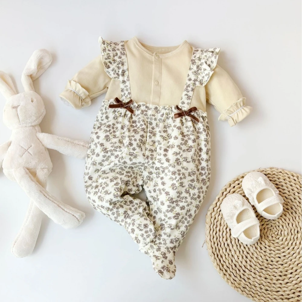 Baby girls onesies Long Sleeve Footies Autumn New Patchwork floral rompers for newborn 0-12 Month infant home clothes