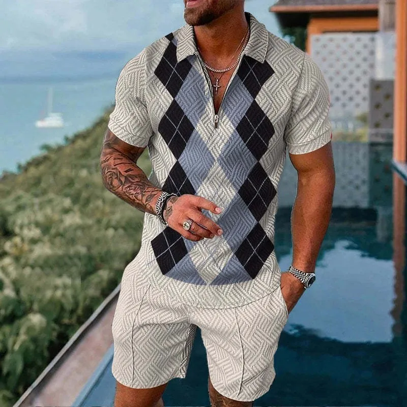 2023 New Men's Short Sleeve Pants Suit Handsome 3d Printing Trend Casual Large Size Zipper  Polo Shirt Men's Two-piece Set