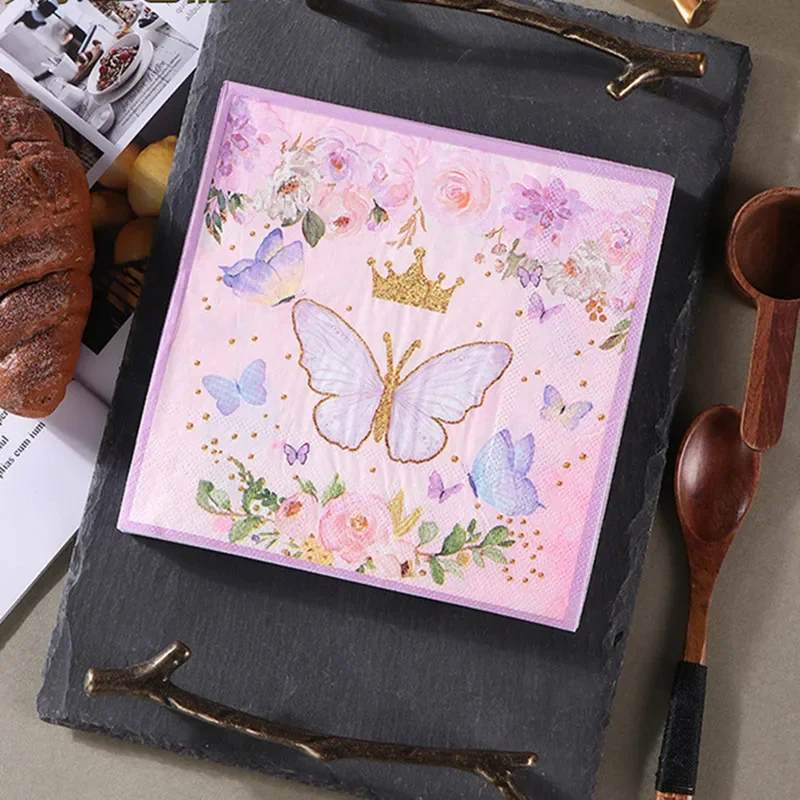 20Pcs/pack Rose Flower Butterfly Printed Table Napkins Wood Pulp Paper Disposable Tableware Wedding Party Decor