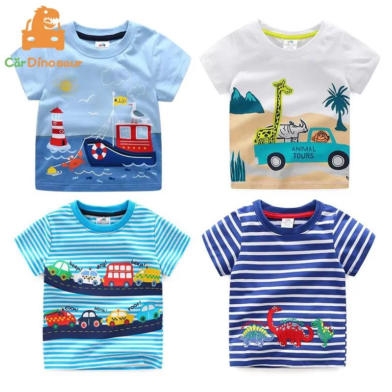 Children t shirt Boys blouse shirt 2-10 Children's Clothing Dinosaur Car Stripe Print Short Sleeve Cotton Basic Tops Kids Boy Cartoon T-Shirt