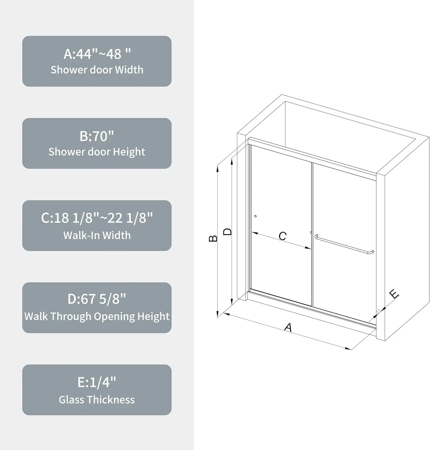 Double Sliding Shower Door, 44" - 48" W x 70" H Semi-Frameless Glass Shower Door with 1/4" Clear SGCC Tempered Glass 2