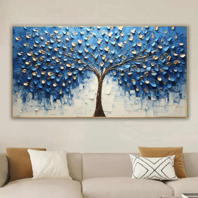 

100% Handmade Modern Large Abstract Gold Foil Blue Canvas Painting New Arrival Landscape Home Decor For Living Room As Best Gift