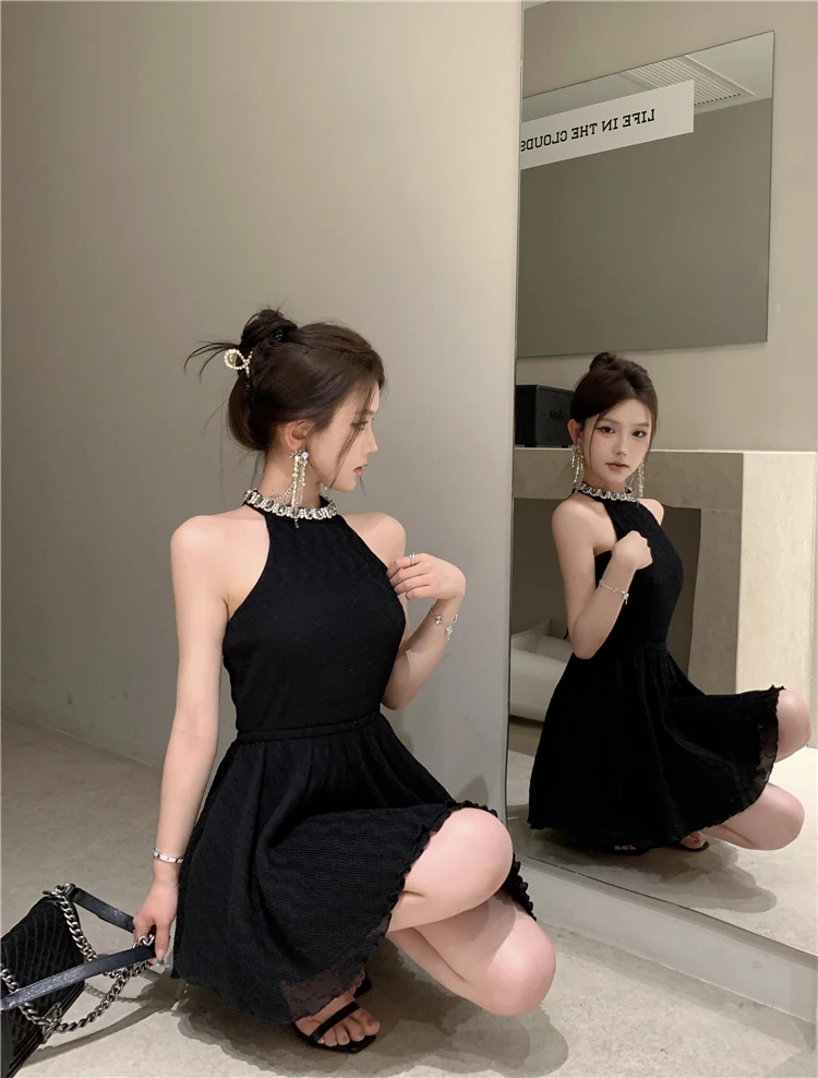 Elegant Halter Black Dresses for Women Summer New Backless Ruffles A-line Korean Birthday Party Dress Prom Short Vestidos Mujer