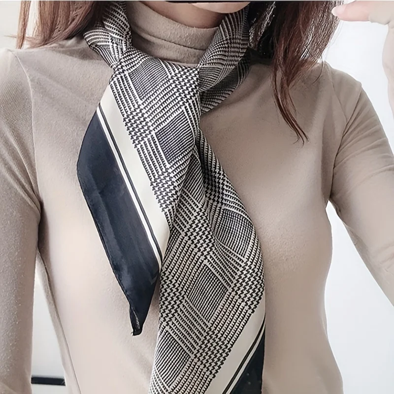 27.58" Black Gray Houndstooth Square Scarf Boho Thin Silk Feeling Neck Scarf Professional Decorative Small Scarf For Women 3