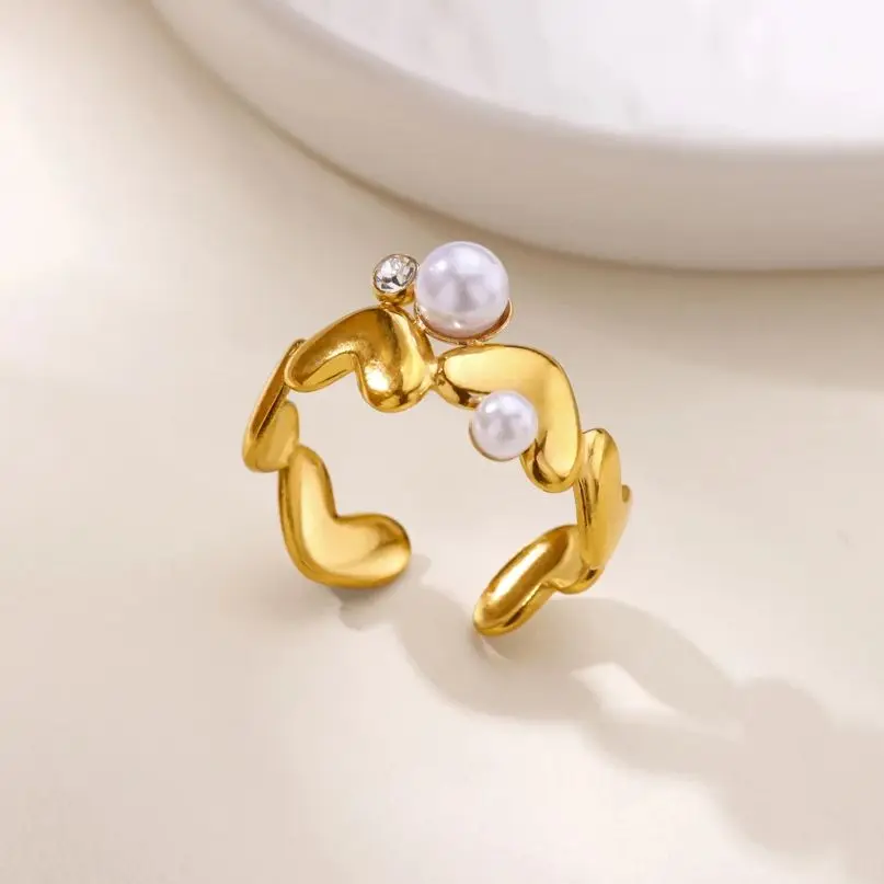 Stainless Steel Imitation Pearl Heart Ring For Women